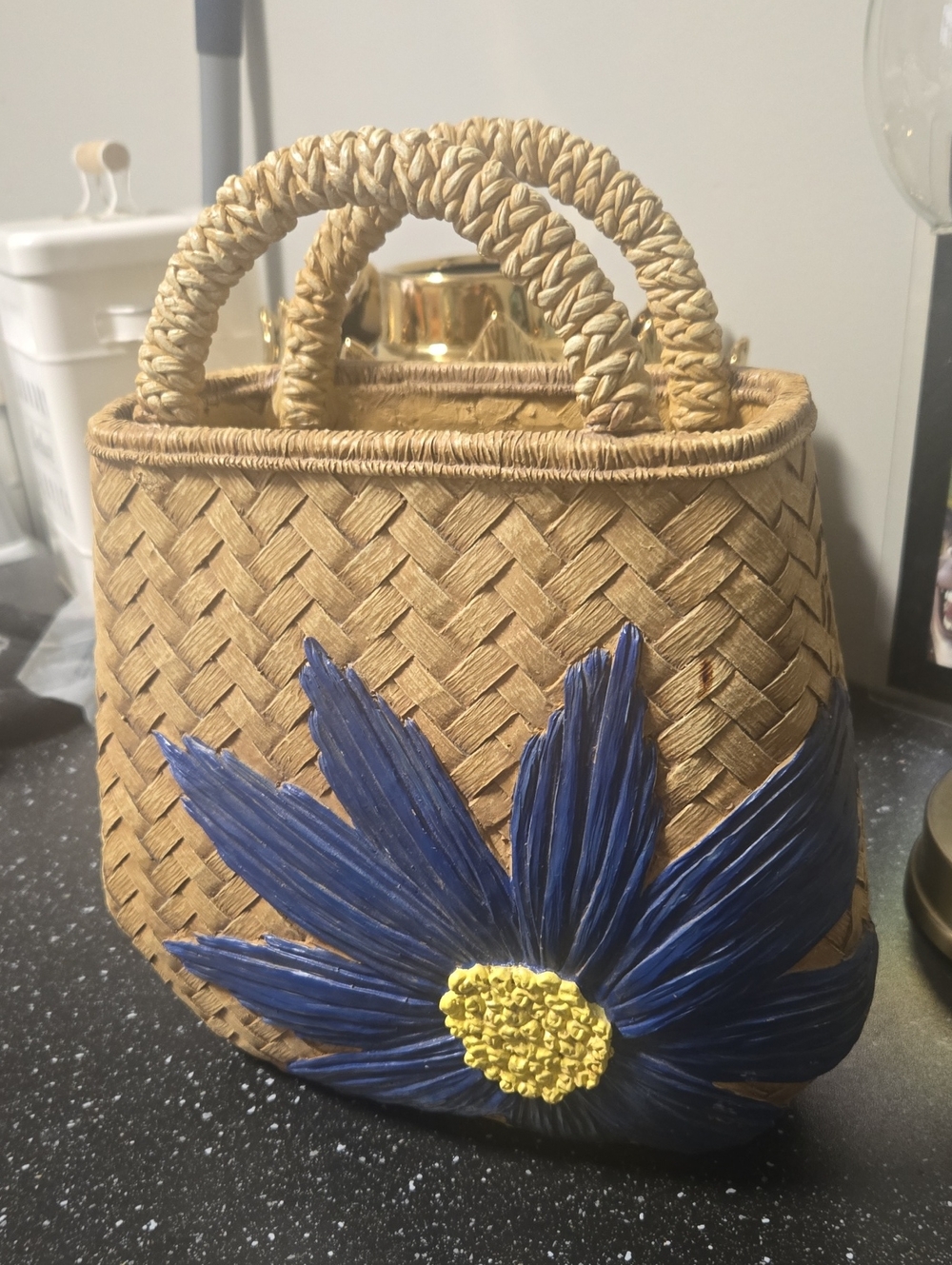 Handwoven Straw Tote with Blue Flower Accent